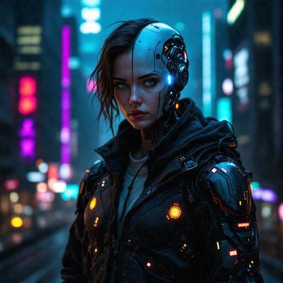 The primary subject of the image is a woman wearing a futuristic outfit, which includes a silver helmet and a black jacket. She is standing in a city setting, with a backdrop of buildings and neon lights. The visual style of the image is a combination of photo and digital art, creating a unique and intriguing atmosphere. The colors in the image are predominantly dark, with the neon lights adding a touch of brightness to the scene. The overall mood of the image is mysterious and